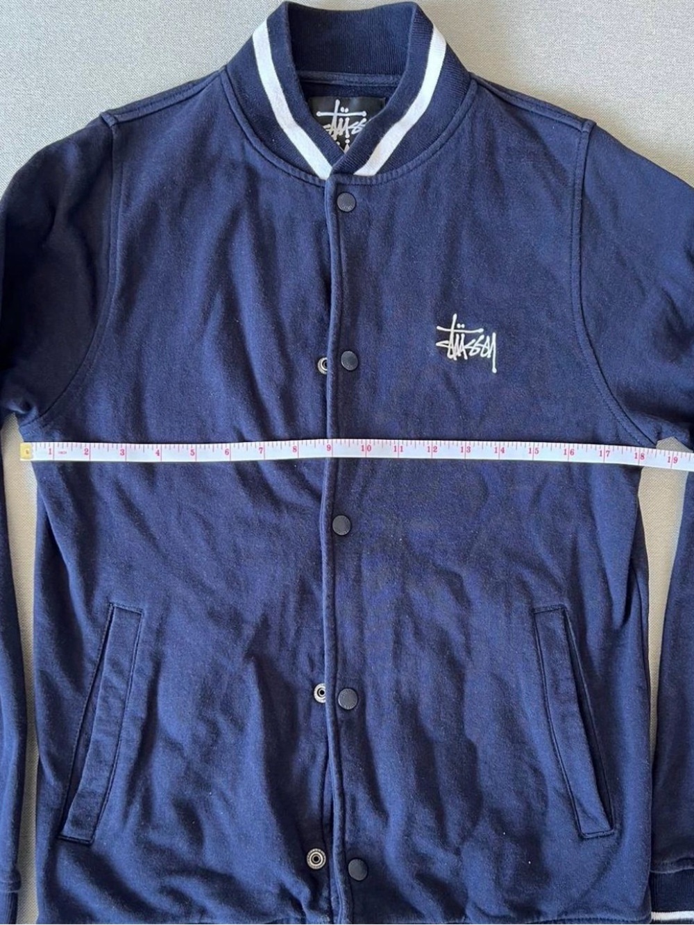 Stussy Navy Blue Varsity Snap Jacket with Logo